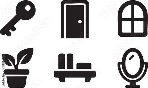 Black silhouette of a key a door a window a potted plant a bookshelf and a mirror