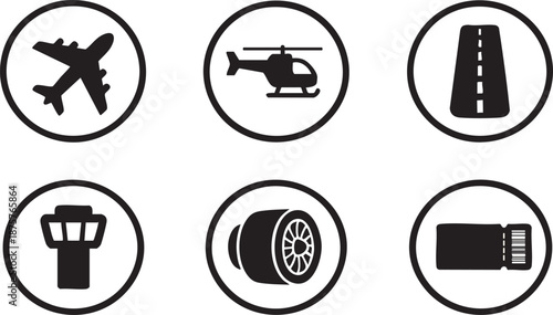 Black silhouette of airplane helicopter runway control tower jet engine and ticket