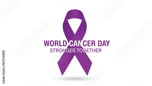 Purple awareness ribbon for world cancer day campaign with textured pattern and bold typography symbolizing solidarity and support