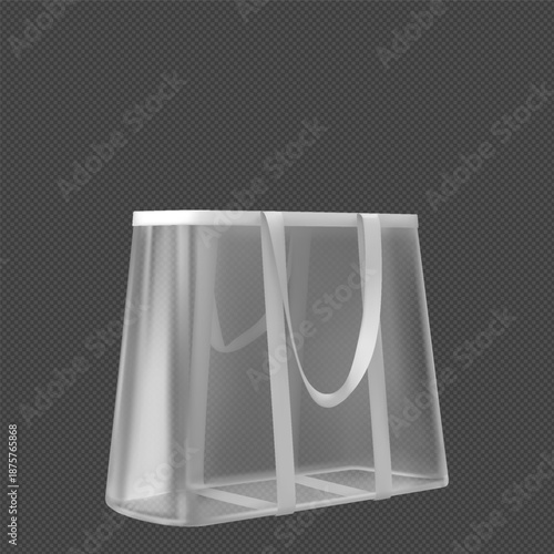Transparent tote bag with handles, white shopping pouch with straps, clear plastic handbag with hooks vector mockup