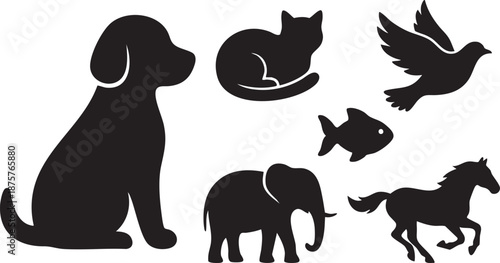 Black silhouette of dog cat elephant horse fish bird on white background