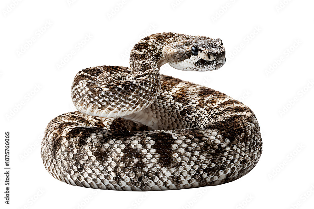 Fototapeta premium Rattlesnake coiled against black isolated on transparent background