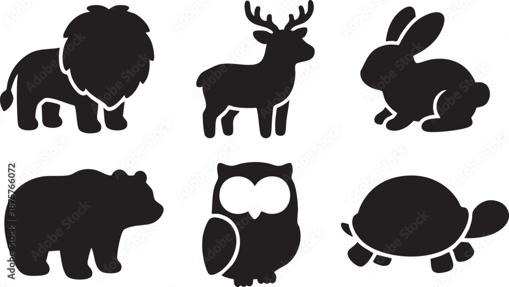 Fototapeta premium Six black animal silhouettes lion deer rabbit bear owl turtle