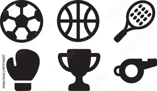 Collection of six black sport including soccer ball basketball tennis racket boxing glove trophy and whistle