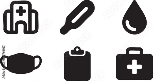 Set of six black medical including hospital building thermometer drop mask clipboard and first aid kit