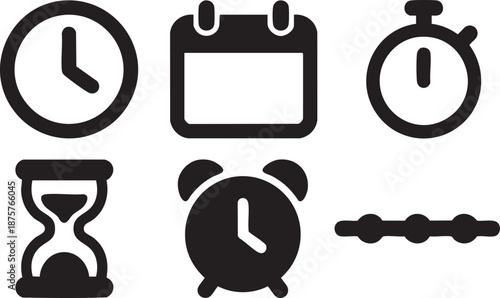 Collection of six black timekeeping including clock calendar stopwatch hourglass alarm clock and timeline
