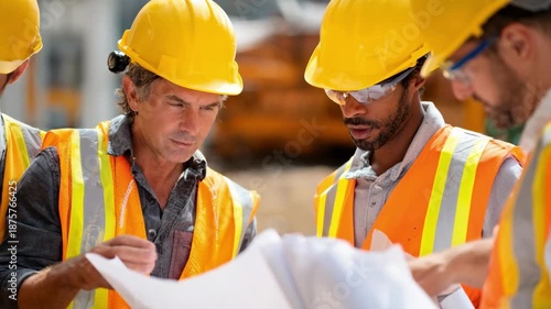 Medium shot of construction workers inspecting a blueprint together while emphasizing the importance of workplace safety and legal protections for migrants.