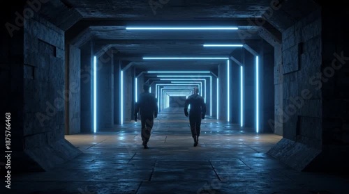 Futuristic tunnel with blue neon lights and mysterious figure