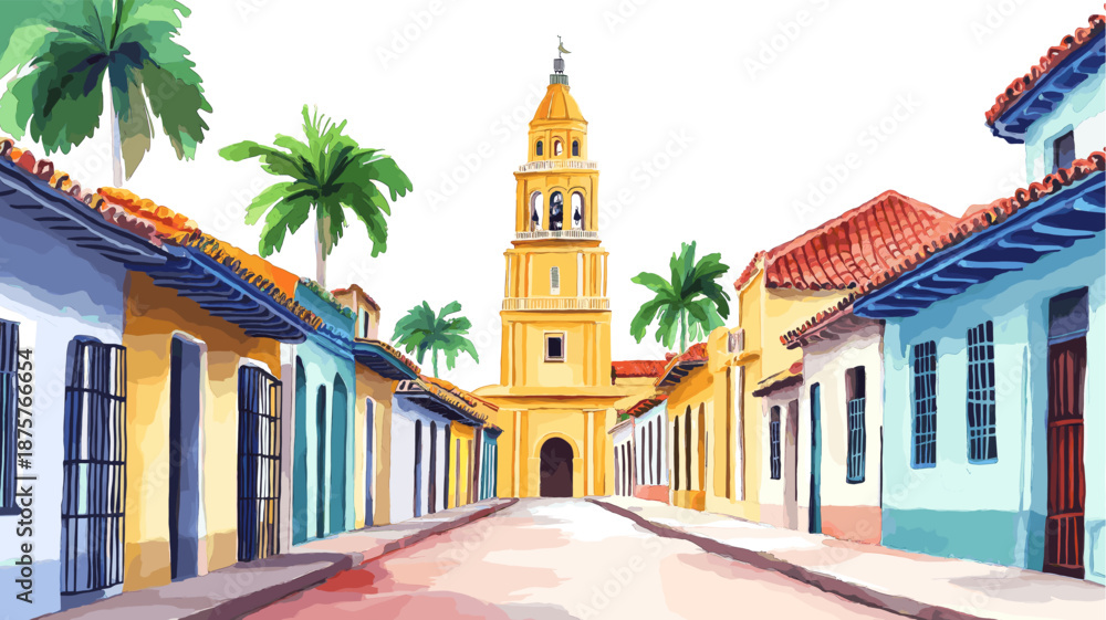 Naklejka premium Trinidad Old Town. Trinidad Old Town hand drawn watercolor illustration