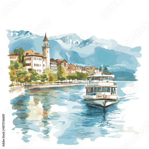 Lake Geneva. Lake Geneva watercolor vector illustration