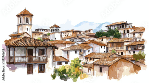 Cuenca Historic Center. Cuenca Historic Center hand drawn watercolor illustration
