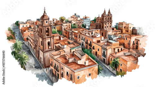 Mexico City Historic Centre. Mexico City Historic Centre hand drawn watercolor illustration