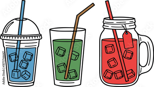 Cute Iced Drinks Outline Icon Set  Takeaway Cups, Glass Tumblers, and Mason Jars