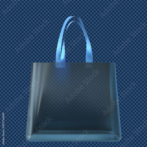 Transparent tote bag with hanging handles, blue shopping pouch with straps, clear plastic handbag pocket vector mockup