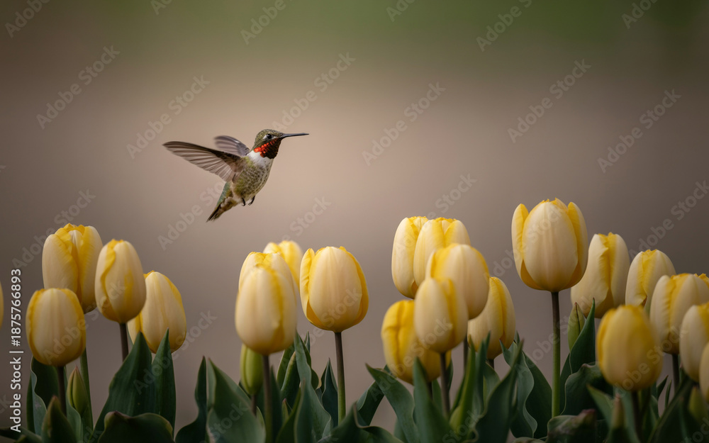 Fototapeta premium Hummingbird flying above yellow tulips in a garden nature