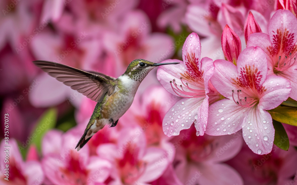 Obraz premium Tiny hummingbird hovering over pink azalea flowers with water droplets nature