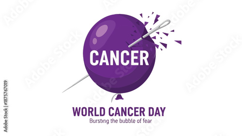 Purple balloon with 'cancer' text being popped on world cancer day symbolizing overcoming fear and awareness