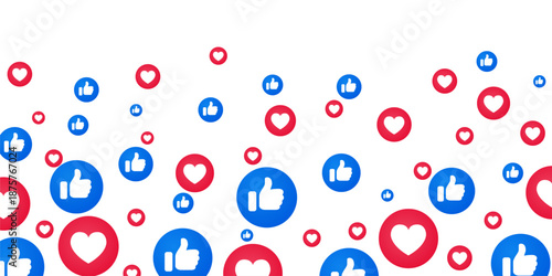 Social media like and heart icons background. Buttons thumb up like and red heart. Social media reaction background for advertisement promotion, marketing. Heart like flying media icons - vector