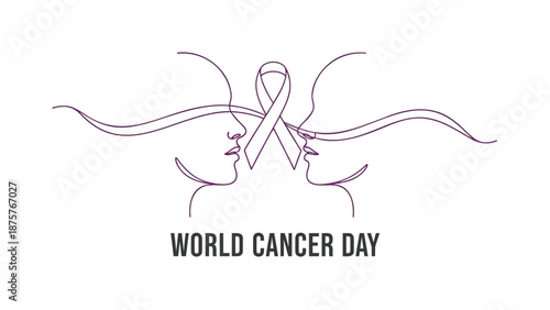 World cancer day illustration with intertwined faces and ribbon symbolizing support and awareness for cancer survivors and patients