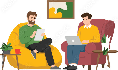 Men Working From Home Outline Illustration Set  Laptop, Armchair, and Cozy Workspace