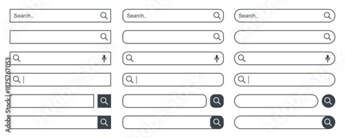 Search bar window page internet browser button, search box template isolated, various shape search bar boxes set icon