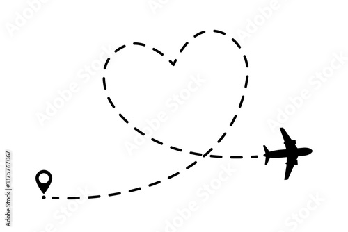 Dashed line drawing in heart form with plane, concept love travel