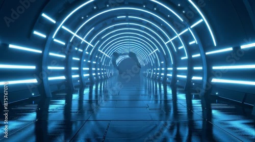 Futuristic blue tunnel with neon lights leading to the future