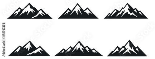 Modern flat design mountain icons set featuring various snowy peaks for travel and adventure themes