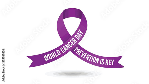 Purple awareness ribbon with world cancer day message symbolizing cancer prevention and support on a clean white background