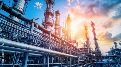 Industrial Complex with Pipelines at Dusk Under Colorful Sky