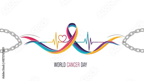Colorful ribbon symbolizing world cancer day with heartbeat and chain elements in a vibrant illustration