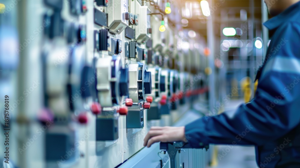 Obraz premium Control Room Operator Adjusting Power Distribution Equipment