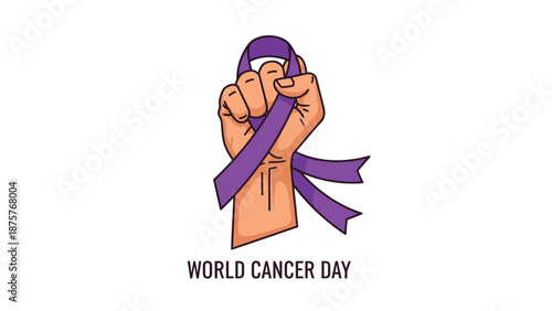 Clenched fist with purple ribbon symbolizing world cancer day awareness campaign