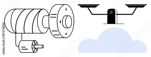 Cybersecurity, cloud computing, surveillance technology, data security, privacy management, remote monitoring. Camera and cloud illustration. Cybersecurity and cloud computing concept