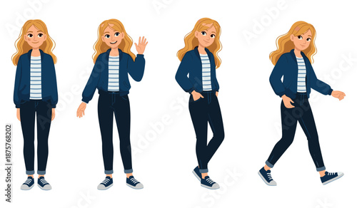 Animated young caucasian female character in various poses with casual outfit