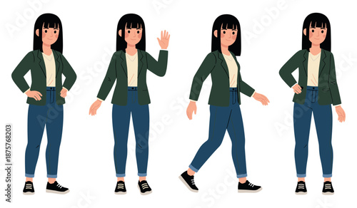 Animated asian female characters in casual outfit with various poses and expressions