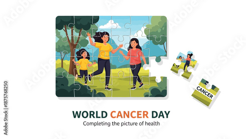 Family completing jigsaw puzzle together on world cancer day illustration with ribbon and awareness message