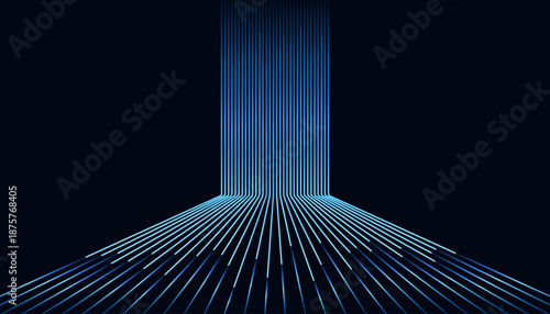 Minimalist illustration of glowing blue lines converging in a 3D perspective. Concept of big data, AI, and cloud computing infrastructure. Ideal for tech presentations, and modern motion graphics.