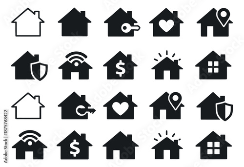 Modern house icon set featuring key, heart, location, security, wifi, and dollar sign for real estate, smart home, and property concepts