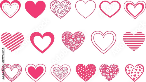 Collection of various pink and red hearts on white background
