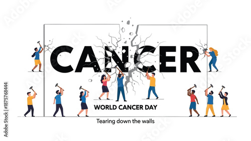 People breaking down walls for world cancer day awareness campaign illustration