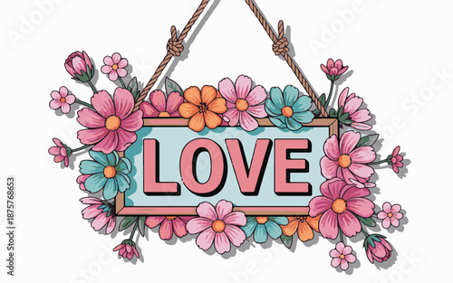 Love Sign Surrounded By Colorful Flowers Hanging By Ropes On White Background Keywords: love, sign, word, text, lettering