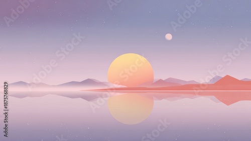 Serene Landscape with Sunset and Moon Over Calm Water Reflection