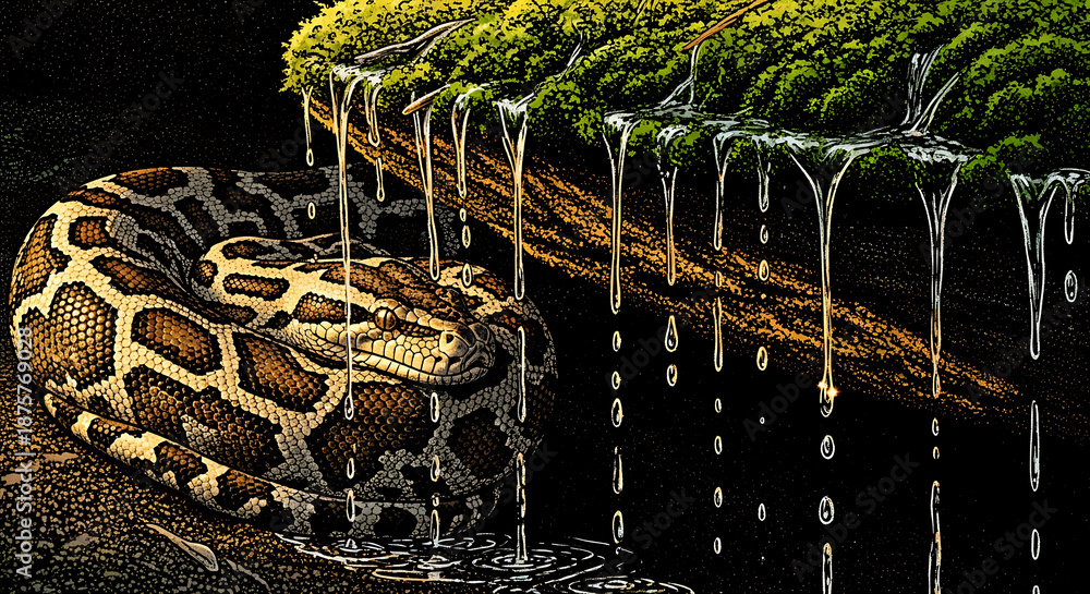Fototapeta premium Coiled python resting beneath dripping mossy jungle ledge in dark setting