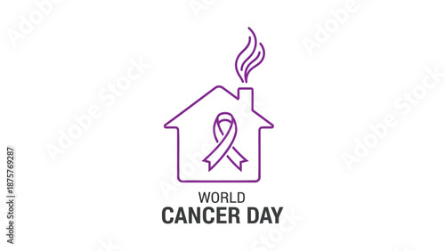 Cancer awareness ribbon inside house outline with smoke world cancer day symbol simple line art design