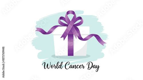 World cancer day gift box with purple ribbon on a soft blue background symbolizing awareness and support