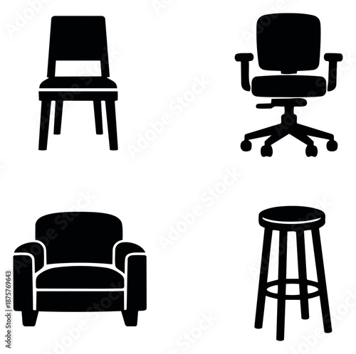 Simple solid icon chair set featuring a dining chair, office chair, armchair, and bar stool for interior design and furnishing