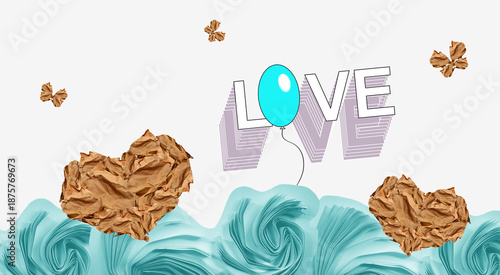 Surreal love artwork. Falling in love concept. Heart shape, brown paper, origami style. Sustainable lifestyle. Ocean pollution. Waves, butterflies, 3D word 'Love', blue balloon