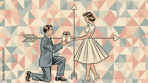 Valentine's Day A romantic vector illustration of a man proposing to a woman with a gift box and a Cupid's arrow through his back