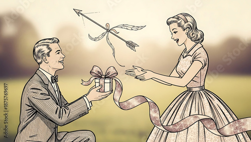 Valentine's Day A romantic couple in a vintage illustration with a man giving a gift to a woman under Cupid's arrow